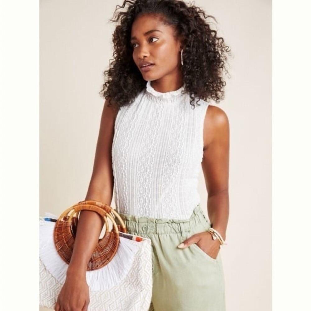 Anthropologie Ponce Lace Cream High Neck Blouse Tank Top Size XS